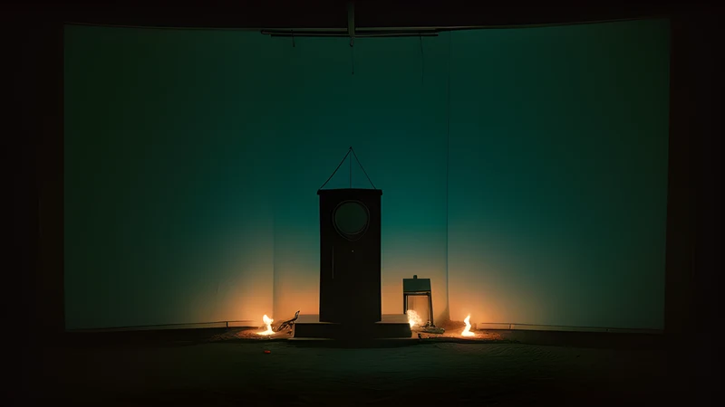 An island commune under low cloud, a stone altar at its centre fed with blood