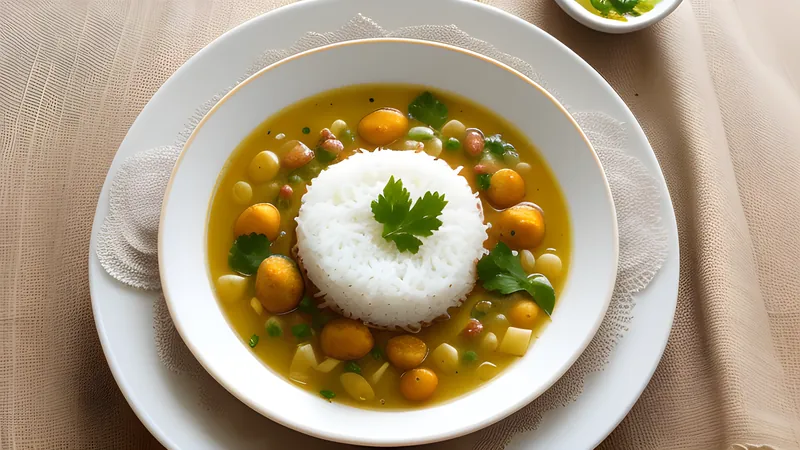 A bowl-shaped lacy appam beside a small pot of pale coconut vegetable stew