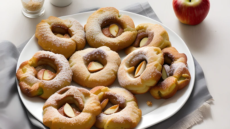 Golden fried puff-pastry triangles dusted with icing sugar on greaseproof paper, one broken open to show spiced apple