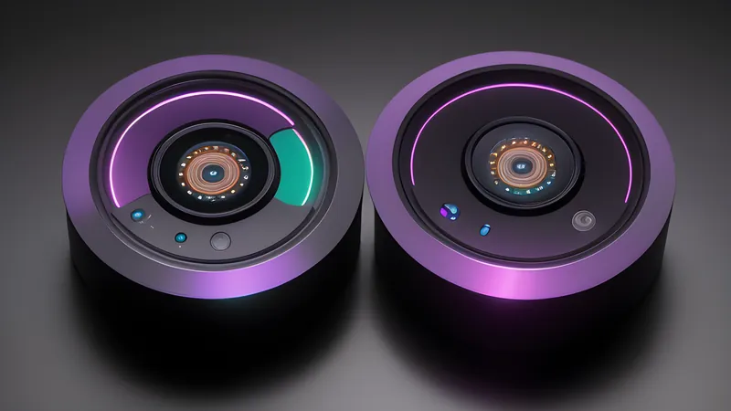 Two invented smart hub pucks side by side, one rounded with a soft glow, one boxy with vents
