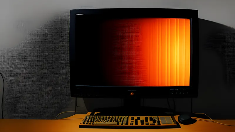 A chequered grid on a dark CRT dissolving between amber light and shadow, phosphor bloom and heavy scanlines