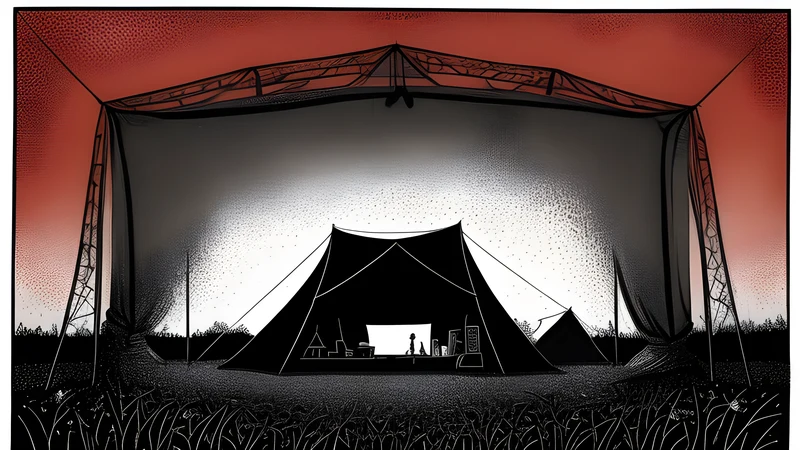 Ink illustration of a festival tent stage in a field at dusk, tangled rigging and a crimson glow