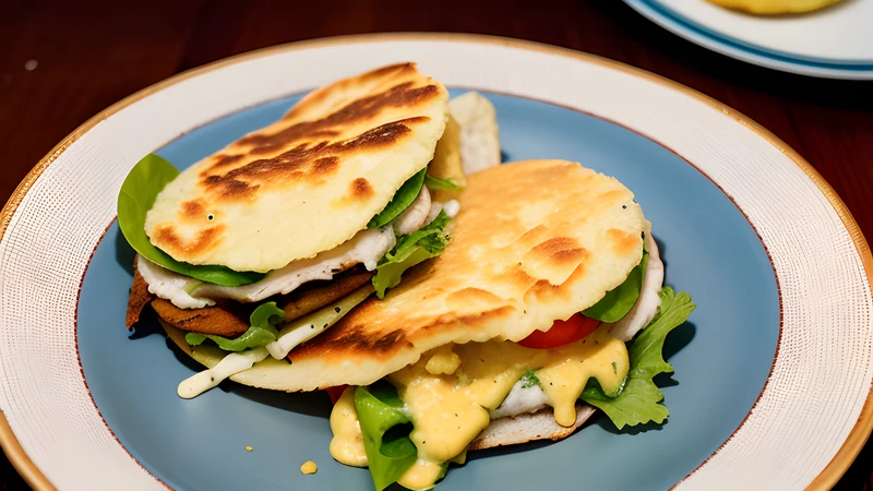 A split cornmeal arepa overflowing with creamy chicken and avocado salad on a wooden board