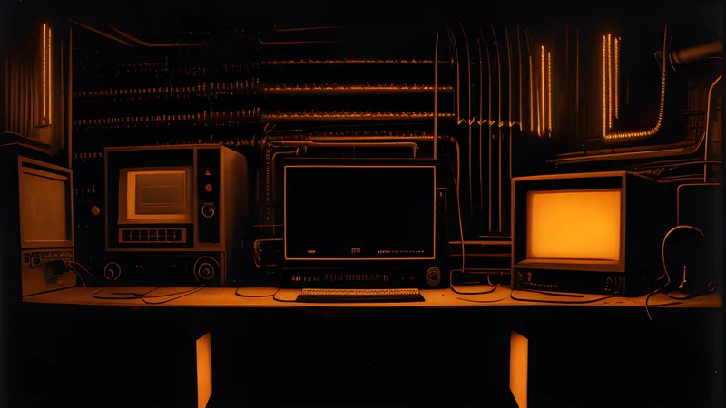 A vast segmented shape looming out of amber darkness, phosphor bloom and scanlines across the bulk of it