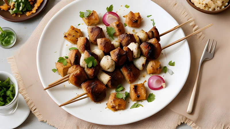 A bundle of charred mutton skewers piled on brown paper with a wedge of lemon and coarse salt
