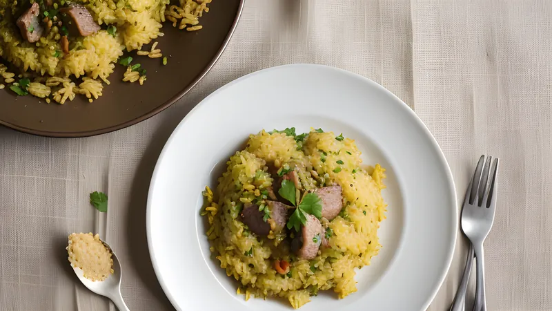A pan of golden arroz con gandules studded with pigeon peas, olives and crisp pork pieces