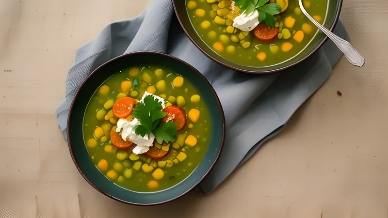 A deep bowl of thick yellow pea soup with shreds of pork and a swirl of mustard on top, beside a piece of crispbread