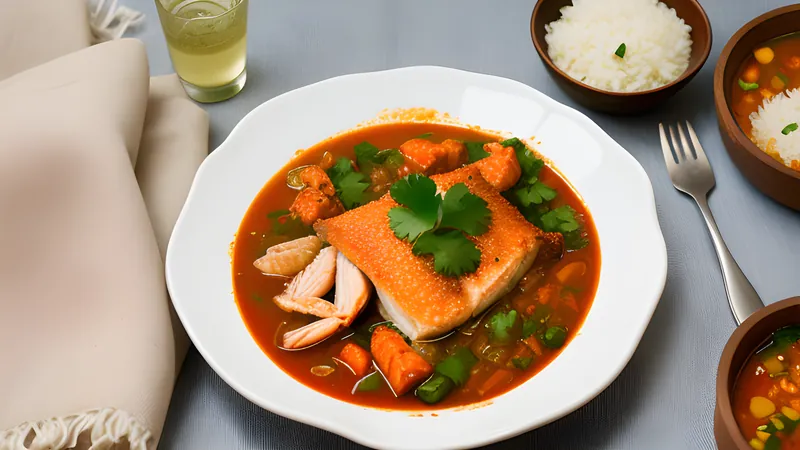 Pot of red asam pedas fish stew with okra and tomato in sour chilli gravy