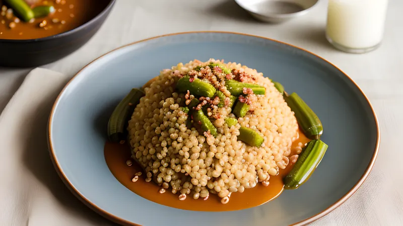 Smooth white sorghum aseeda dome in a bowl with a well of glossy green okra mullah sauce at the centre