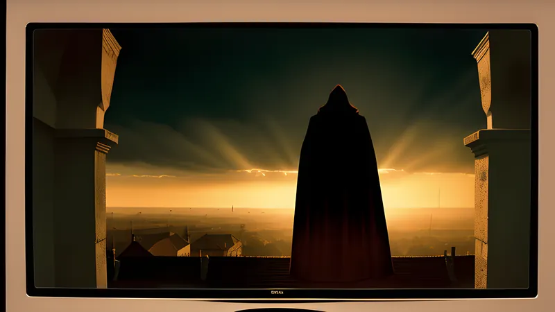 A cloaked figure perched atop a sunlit Renaissance bell tower overlooking rooftops, rendered in warm CRT amber