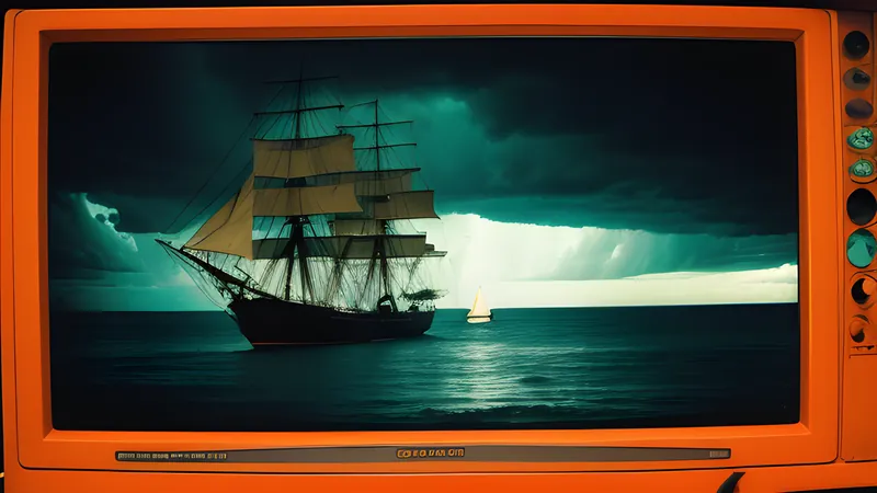 A tall ship's silhouette cutting through turquoise water toward a storm horizon, rendered in warm CRT amber