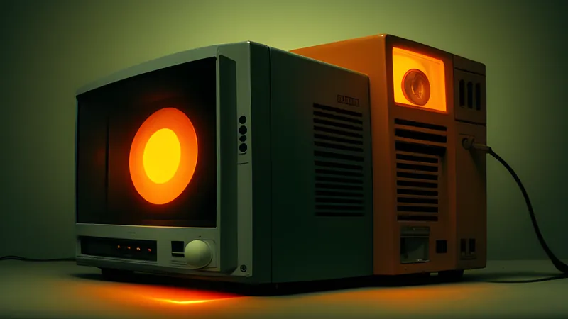 A small robot reaching up toward a giant glowing button in a warm CRT-amber void