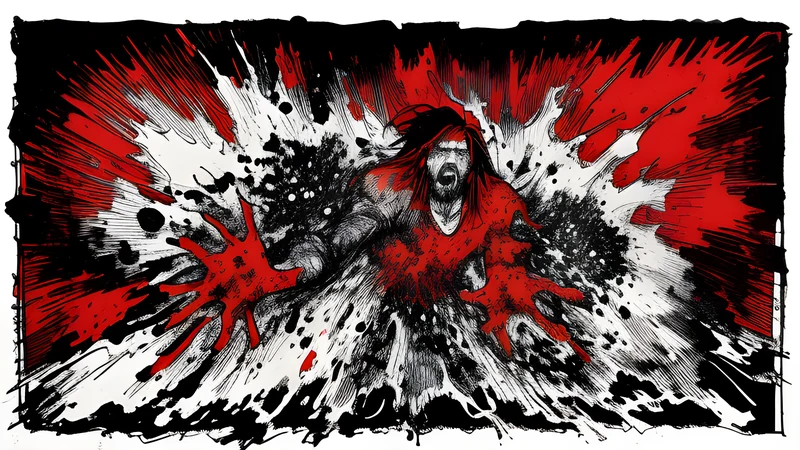 Slashing tremolo-picked guitars and a roaring frontman rendered as high-contrast ink with a single crimson slash
