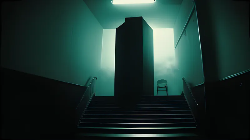 A council tower block at night with black shapes moving on the stairwell, styled as a repertory cinema poster