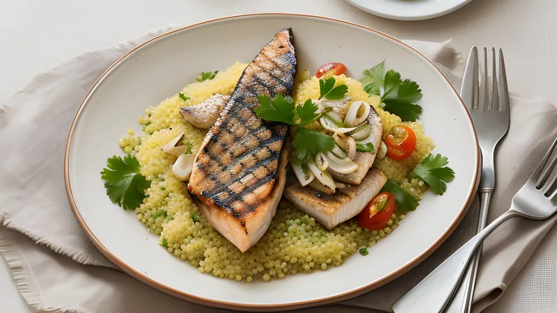 Fluffy granular fermented cassava couscous served with grilled fish, tomato and sliced onion