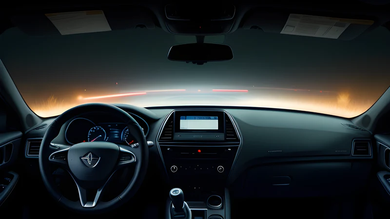 A car dashboard at night with an audiobook waveform running out to the horizon
