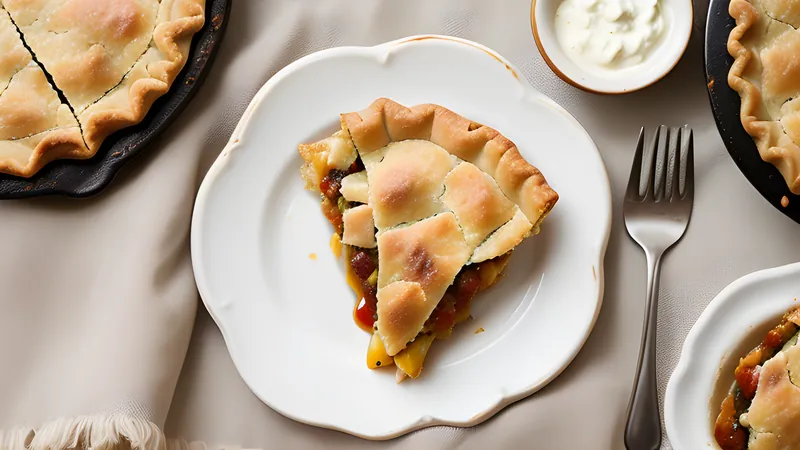 An Australian meat pie cut open showing thick beef gravy filling and flaky pastry lid