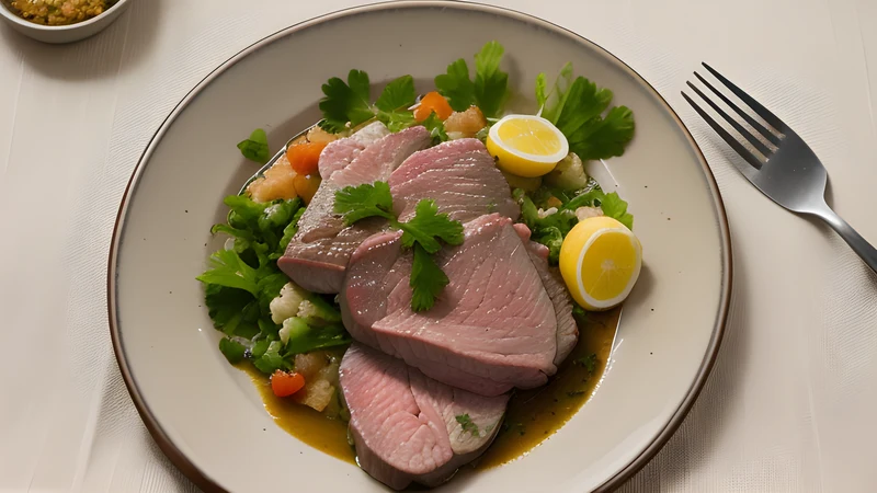 A shallow earthenware dish of rust-red chopped veal with green pepper strips, boiled potatoes to one side, on a wooden table