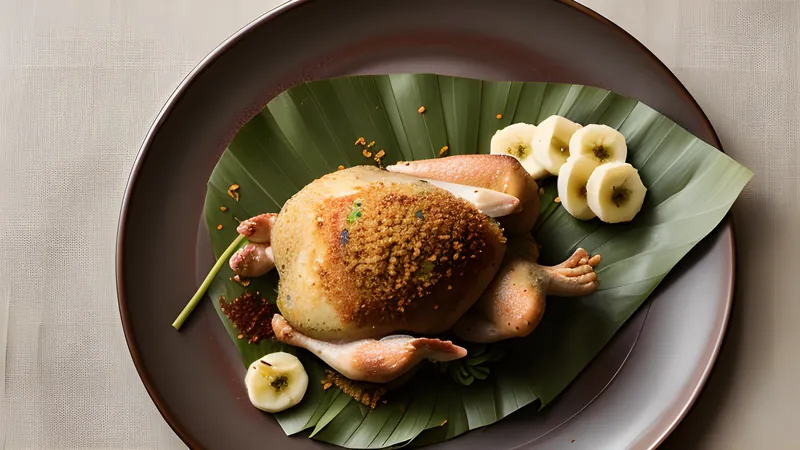Whole roasted Balinese betutu chicken unwrapped from banana leaf, spice paste clinging to the skin