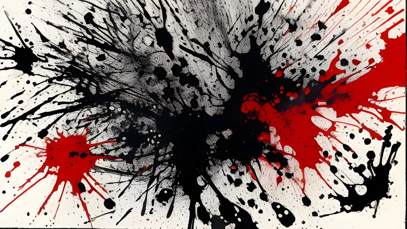 Ink-splattered young band mid-surge, buzzsaw guitar shapes and a raised crowd, crimson spot colour