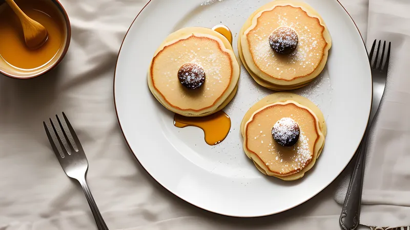 Stack of spongy pale pancakes covered in tiny bubble holes, drizzled with honey and melted butter