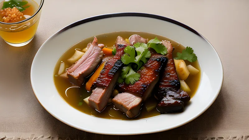 A claypot of pork rib bak kut teh broth with whole garlic cloves and white pepper