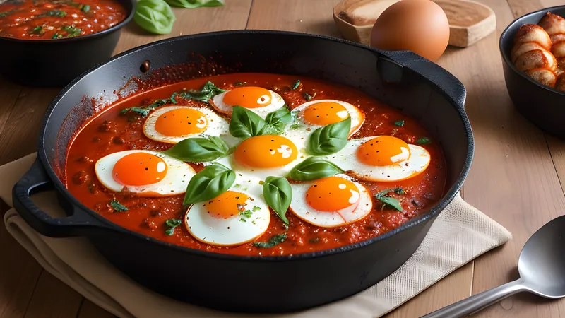 Baked Eggs with Nduja, Mozzarella, and Basil