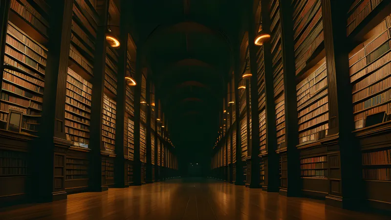 A towering candlelit library map with branching corridors of old tomes