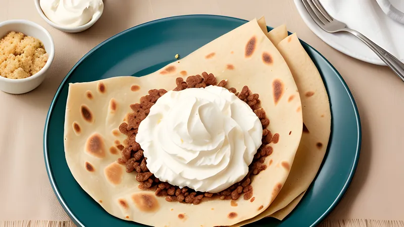 Folded flour tortilla filled with beans, cream and cheese on a plate