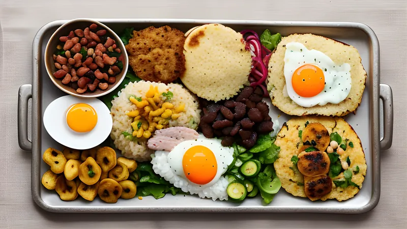 A full bandeja paisa tray with red beans, rice, ground beef, chicharron, arepa, plantain and a fried egg