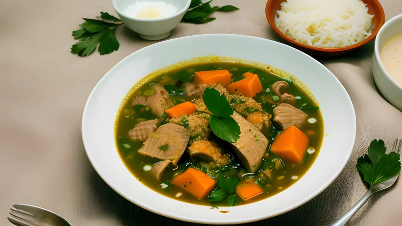 A pot of deep orange-red banga soup with fish and beef, steam rising over the surface