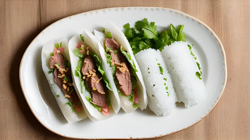 Translucent steamed rice rolls filled with pork and wood ear mushroom, topped with fried shallots