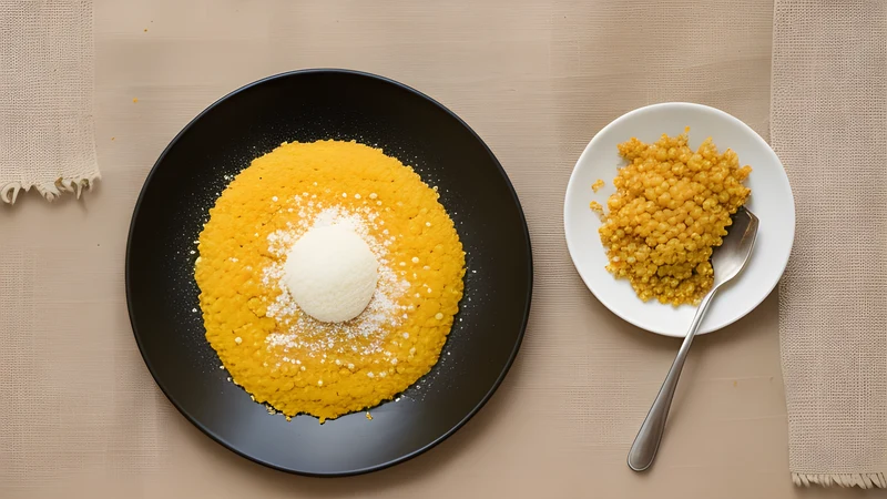 A shallow bowl of golden cornmeal porridge topped with crumbled white sheep's cheese, dark crackling and fried mushrooms