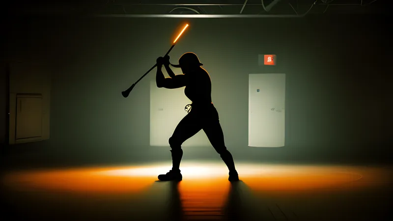 A muscular warrior silhouette mid-swing on a torchlit arena floor