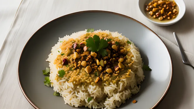 Golden basmati bariis iskukaris rice topped with caramelised onion and raisins in a serving dish