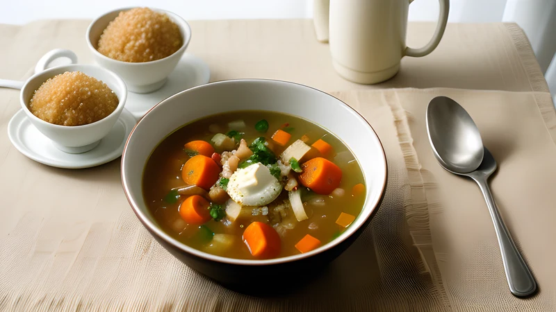 A deep brown bowl of Basel flour soup topped with grated Gruyère, a wooden spoon resting beside it on linen