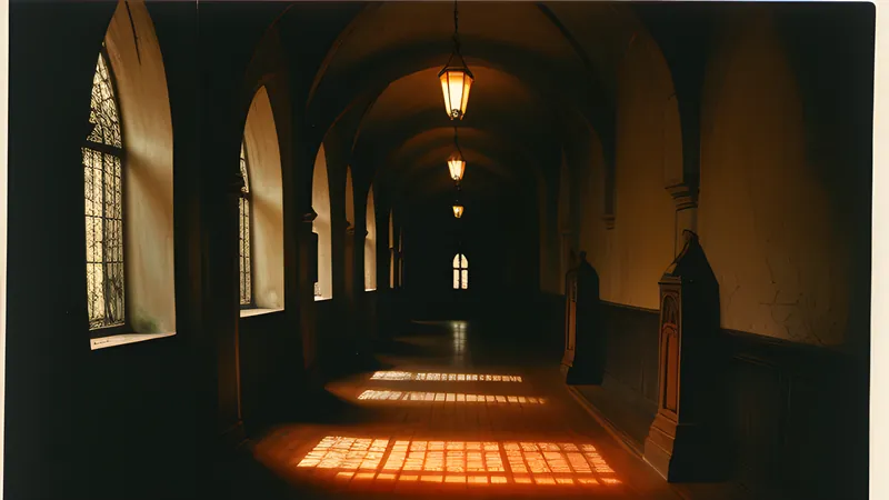 A locked gothic corridor map slowly revealing hidden branching passages, amber CRT phosphor bloom