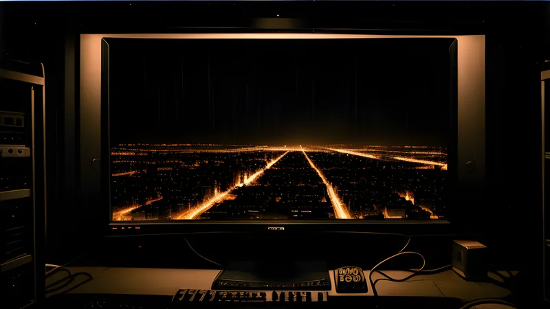 A caged sprawling cityscape lit by scattered searchlights and rain, amber CRT phosphor bloom
