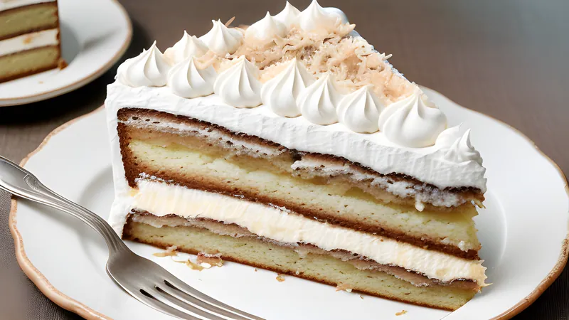 A wedge of golden layered cake cut to show its distinct thin layers, on a white plate