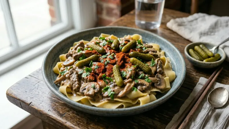 Beef Stroganoff with Smoked Paprika and Cornichons
