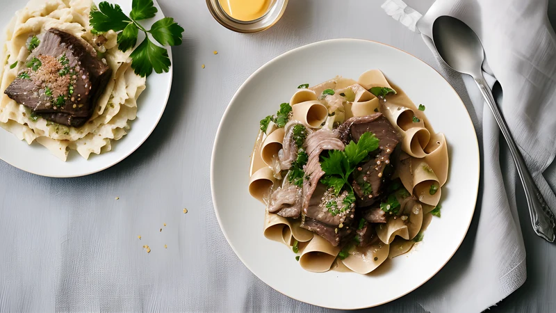 Strips of seared beef in a pale mustard cream sauce with mushrooms, spooned over straw potatoes and scattered with parsley