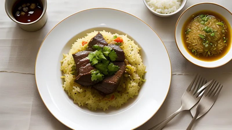 A pot of yellow-tinged beef tehari rice with small bone-in beef pieces