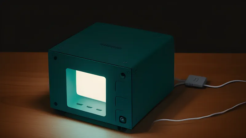 A small glowing mini-PC box quietly humming at the centre of radiating home network light-threads