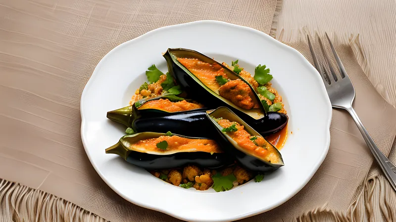Small stuffed aubergines simmering in a peanut and coconut masala in a shallow pan
