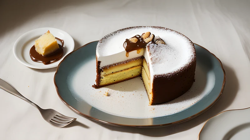 A wedge of bee sting cake on a plate, thick pale custard between soft yellow dough and a golden almond caramel lid
