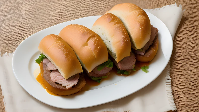 A crusty white roll packed with thin slices of pork, juices soaking the bread, a pan of golden sauce behind