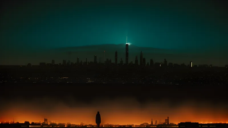 A colossal lonely silhouette slumped between tower blocks under a dead sky, teal and amber repertory poster, projector light through smoke