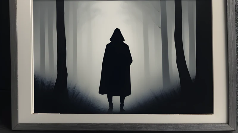 A blurred bipedal figure turning to look back over its shoulder, rendered as a grainy 1967 film frame among dark forest