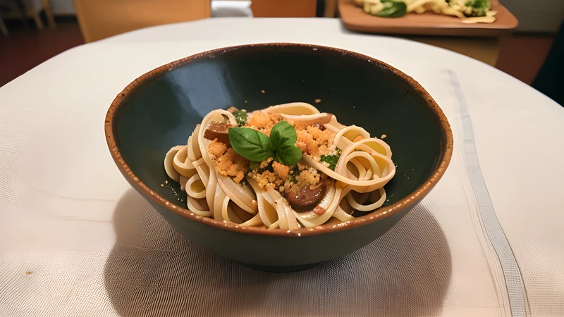 A bowl of thick dark wholemeal spaghetti coated in a glossy brown onion and anchovy sauce