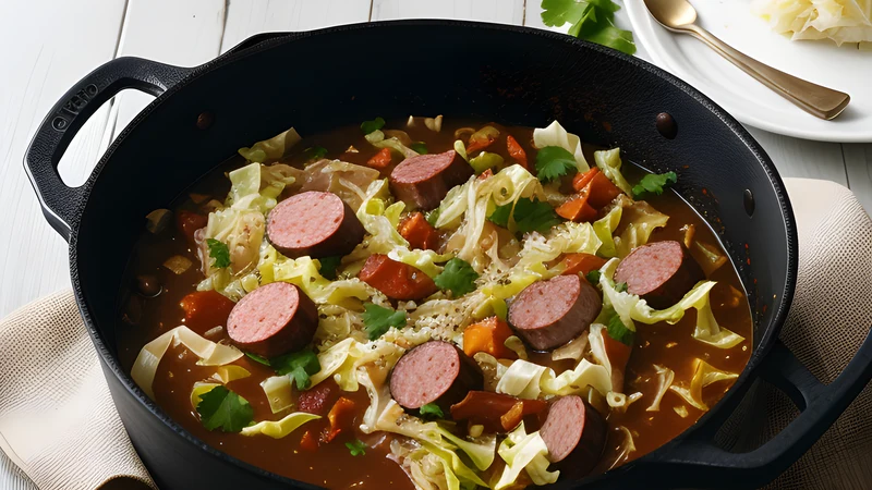 Dark hunter's stew of sauerkraut, cabbage, sausage and pork in a cast-iron pot with a wooden spoon